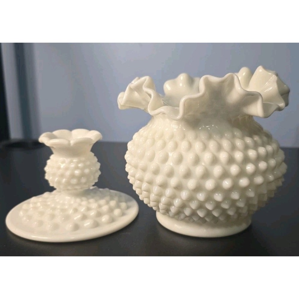 VTG Fenton Milk Glass Hobnail Ruffled Edge Vase 5.5" & Candlestick Holder 3"